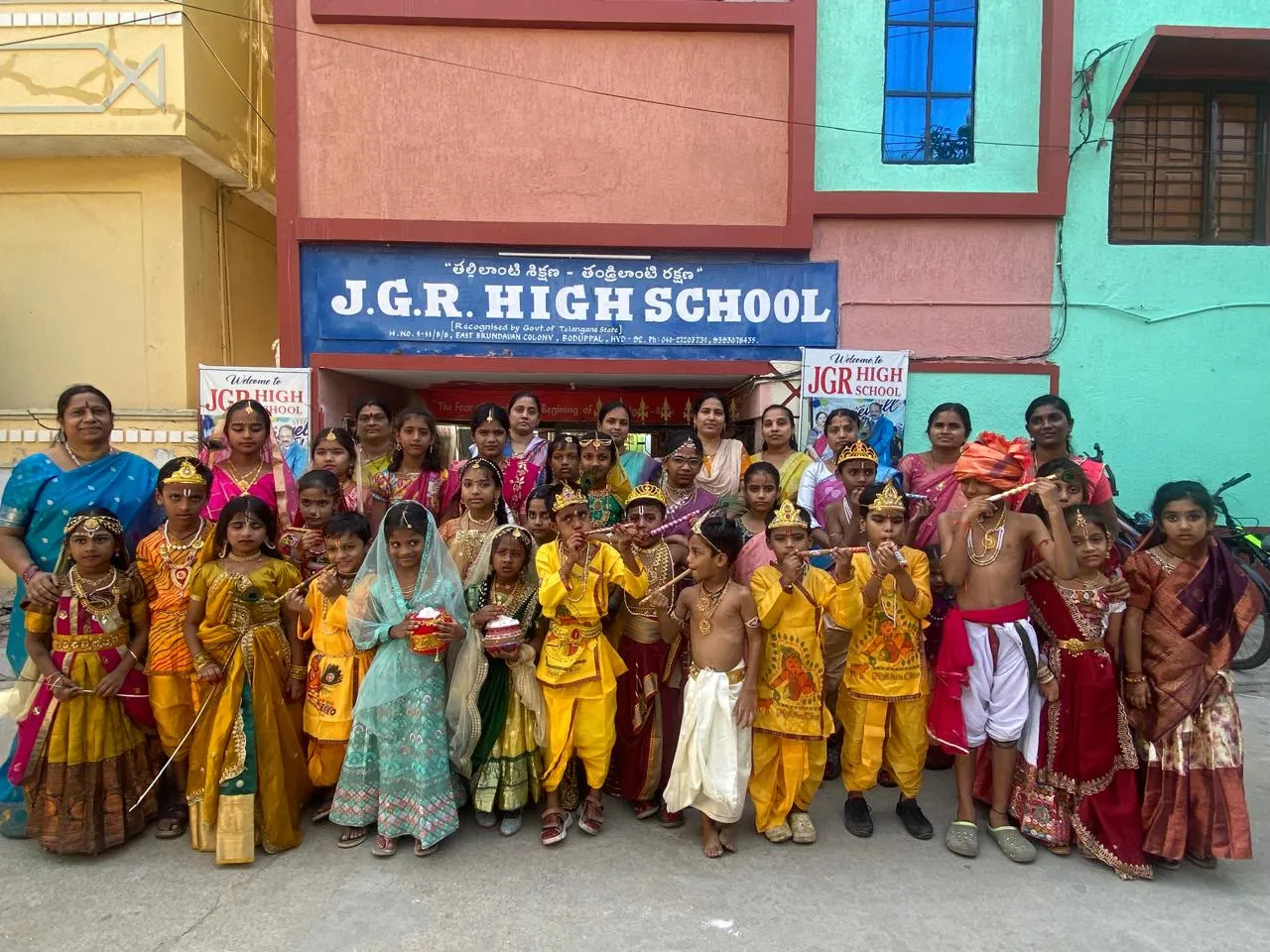 Children dressed as Krishna and Radha at school